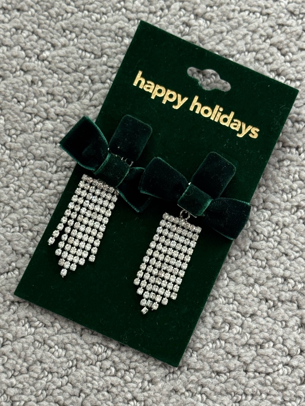 Happy Holidays Green Velvet Bow Drop Earrings with Rhinestone Tassels